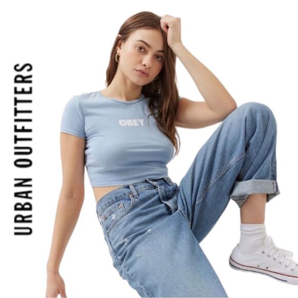 NEW OBEY UO Urban Outfitters Bold 5 Blue Baby Tee M L XL - Picture 2 of 2